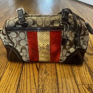 Coach Brown Signature Satchel with Red Suede & Cream Snakeskin Stripe